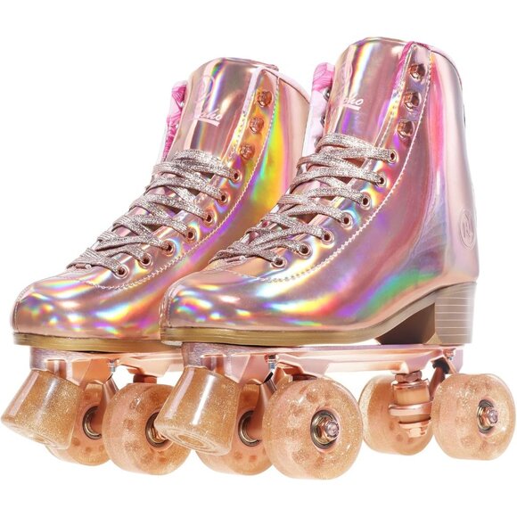 Women Rose Gold 2 Holographic High Top Pu Leather Four Wheels Roller Skates - Picture 4 of 7